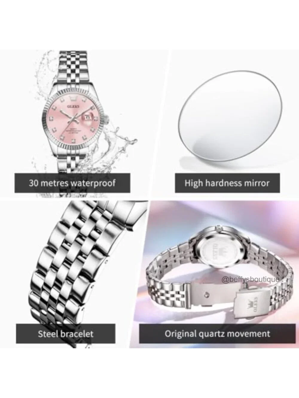 Elegant Stainless Steel Women's Quartz Watch with Calendar, Water Resistant,